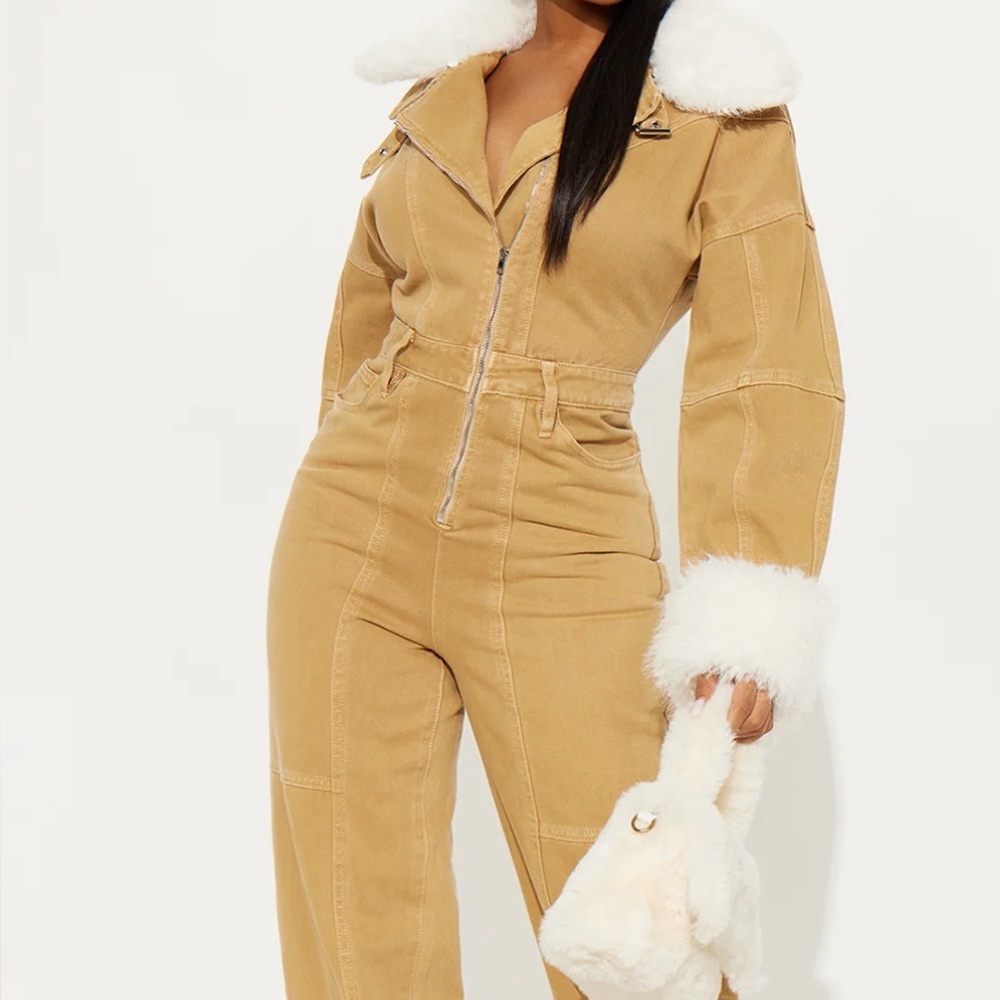 Tan Jumpsuit with White Fur Trim